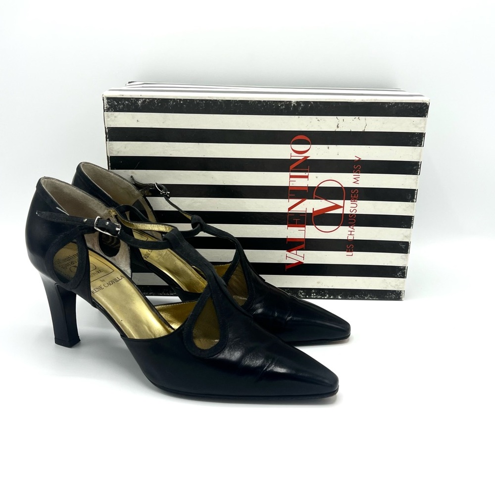 Vintage Valentino Garavani Black Leather T Strap Heels 38 Witchy